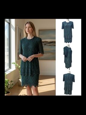 Vintage Brilliante By J.A. 80's Glam Sequin Lace Green Beaded Dress Sz LP